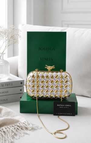 Bottega Veneta Gold & White Knot Clutch Premium Quality Full Brand Packaging 5046